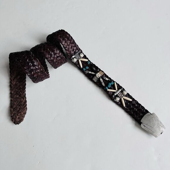 Vintage Braided Leather Belt Womens M/L Brown Shells Turquoise Indie Boho Hippie - Picture 10 of 10